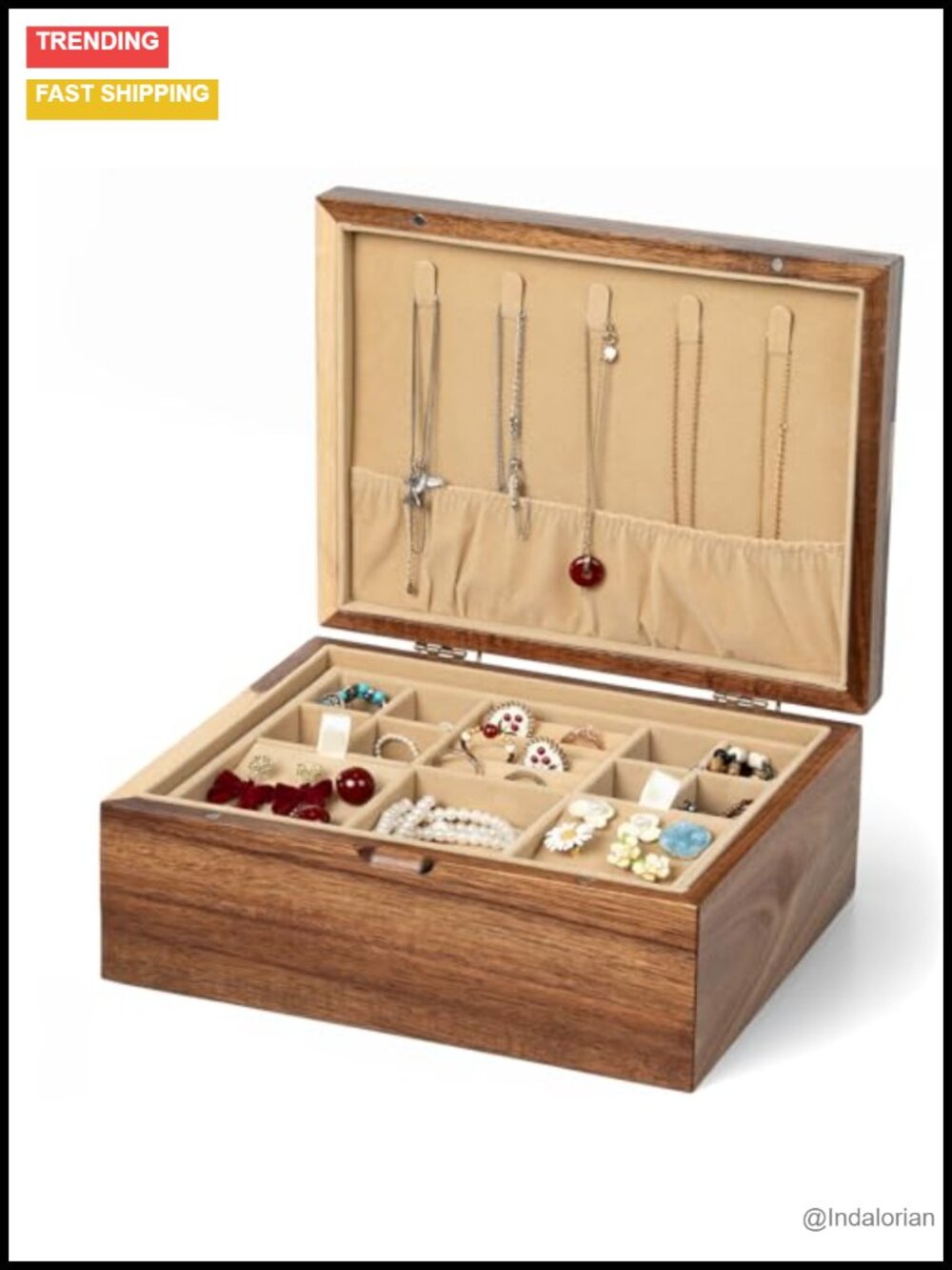 Acacia Wood Jewelry Box Hinged Lid Velvet Tray Organizer